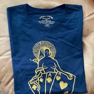 Lucky Brand Blue Tee with Gold Card Design Lucky Brand embroidered T-shirt
